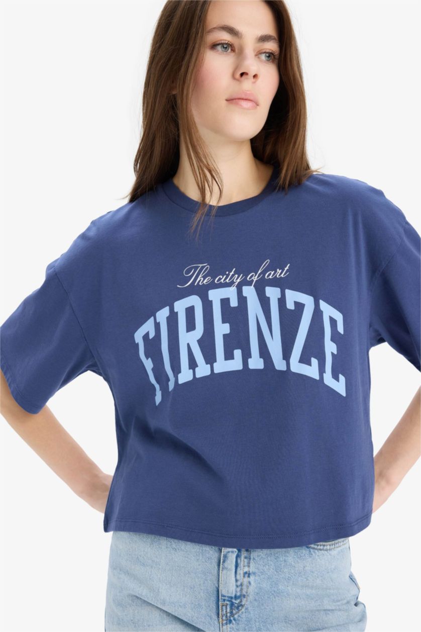 Kadın İndigo Oversıze Bisiklet Yaka Baskılı Penye Kısa Kollu Tişört