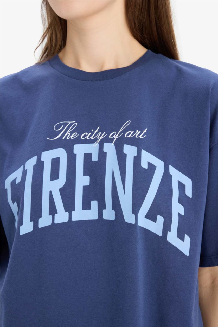 Kadın İndigo Oversıze Bisiklet Yaka Baskılı Penye Kısa Kollu Tişört