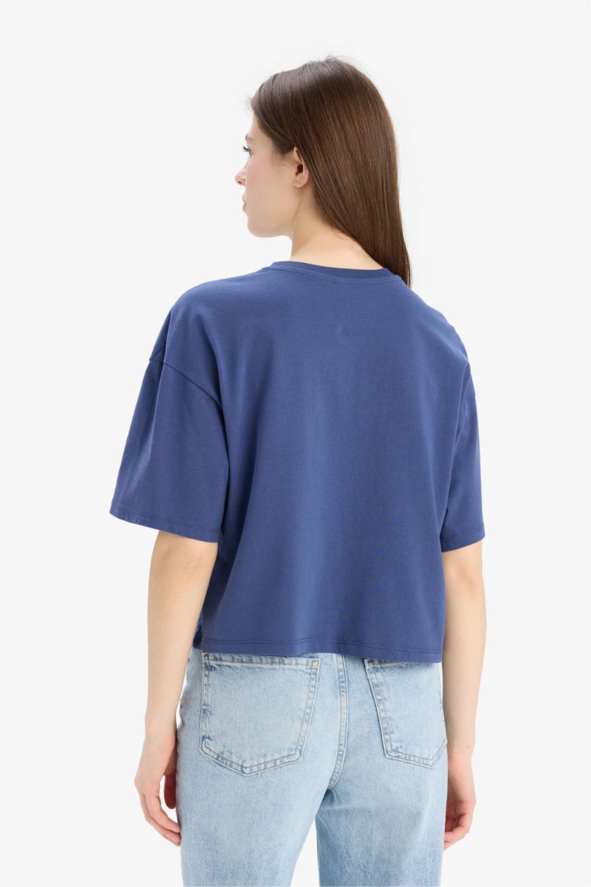 Kadın İndigo Oversıze Bisiklet Yaka Baskılı Penye Kısa Kollu Tişört