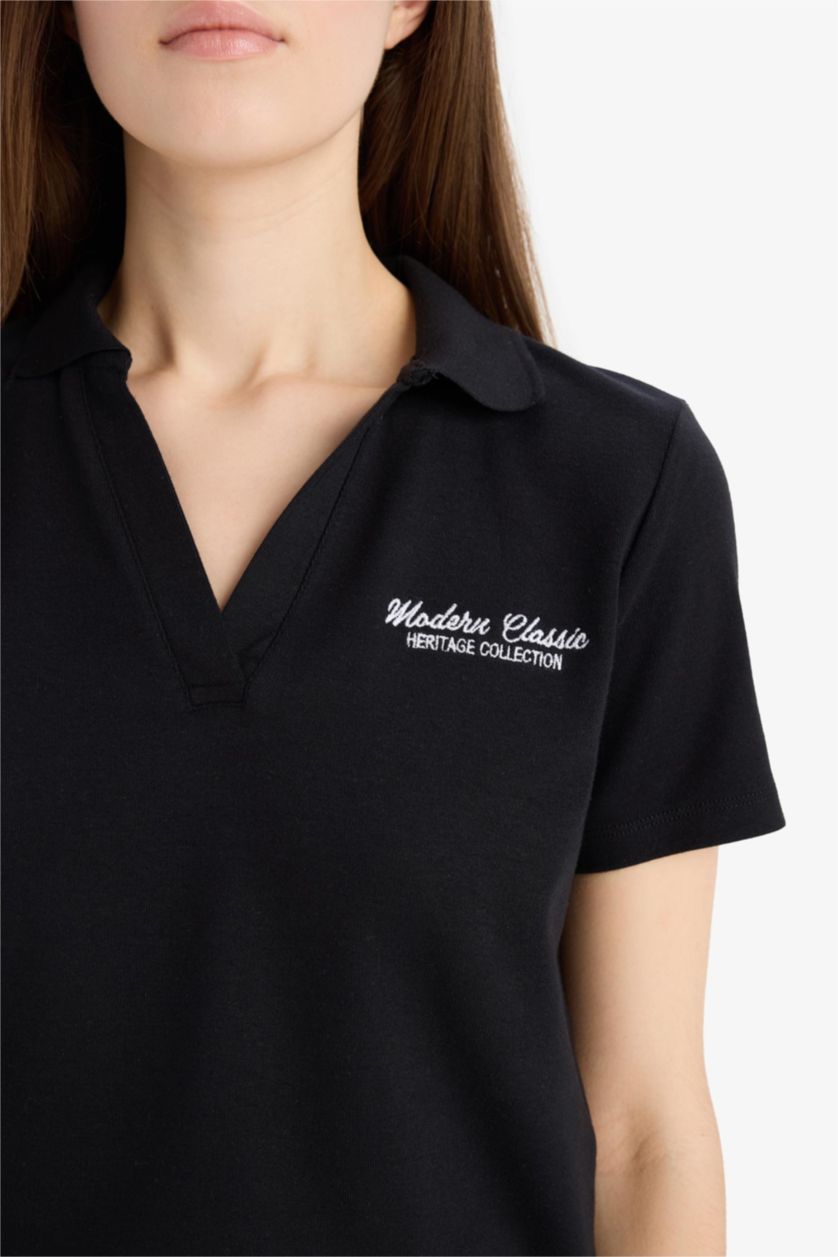 Kadın Siyah Slım Fıt Polo Yaka Nakış Baskı Baskılı Modal Kısa Kollu Tişört