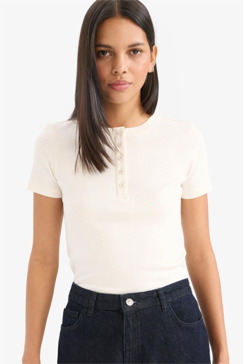 Woman Ecru Slim Fit Crew Neck Ribbed T-Shirt