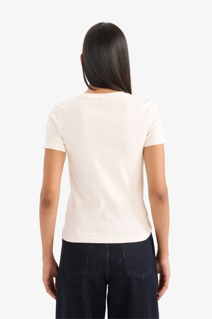 Woman Ecru Slim Fit Crew Neck Ribbed T-Shirt