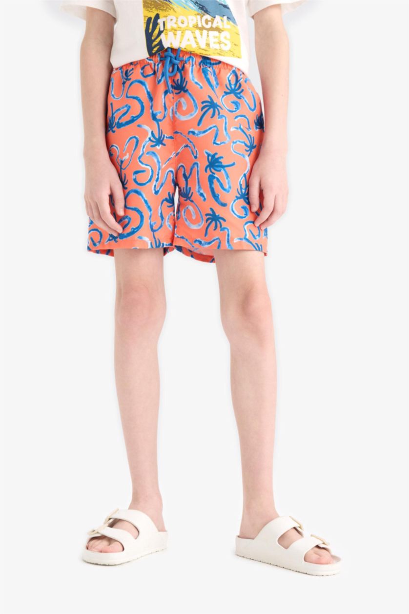 Erkek Çocuk - Genç Erkek Açık Turuncu Desenli Deniz Şortu Erkek Çocuk