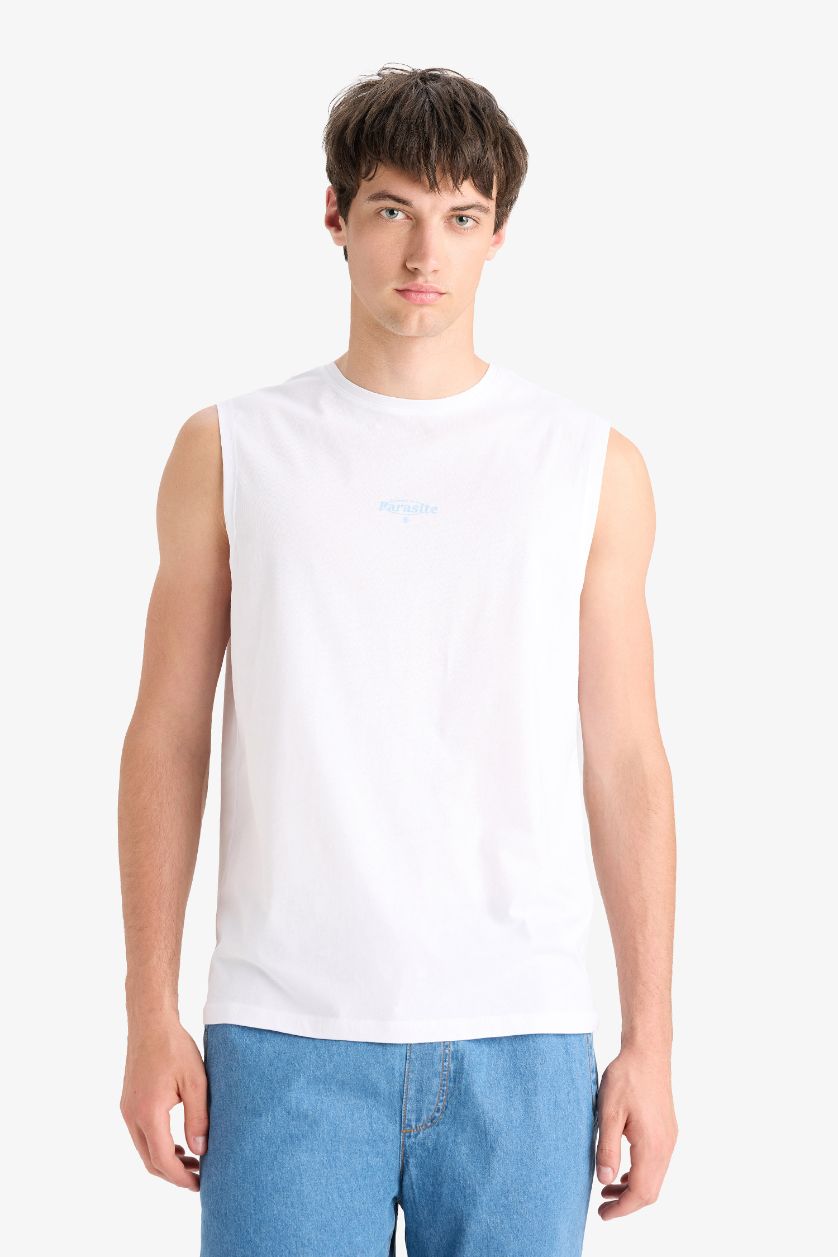 MAN White Cotton Regular Fit Crew Neck Printed Tank Top