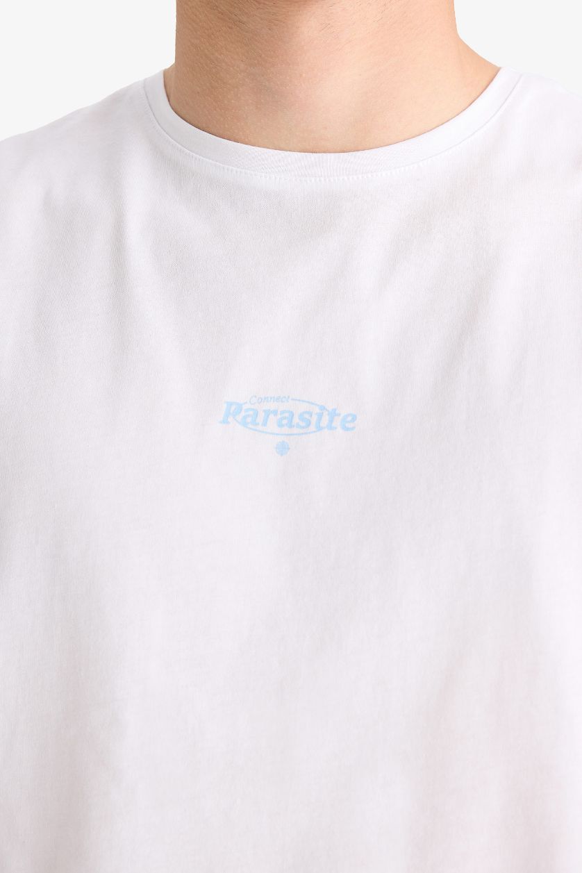 MAN White Cotton Regular Fit Crew Neck Printed Tank Top