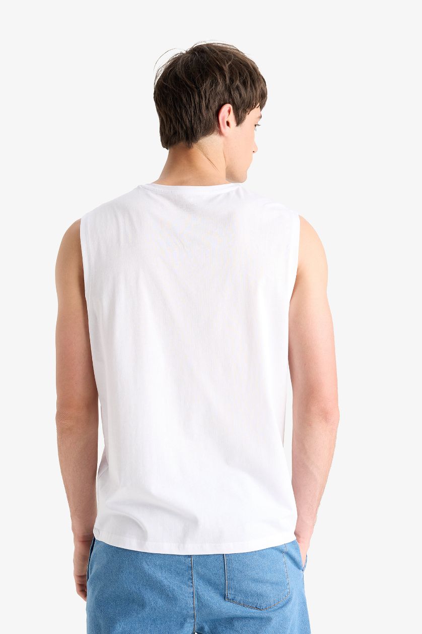 MAN White Cotton Regular Fit Crew Neck Printed Tank Top