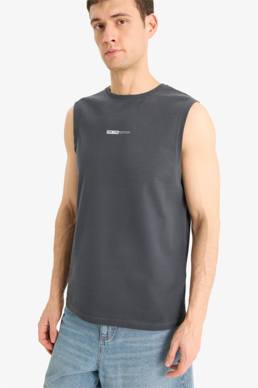 Erkek Antrasit %100 Pamuk Regular Fit Baskılı Bisiklet Yaka Atlet