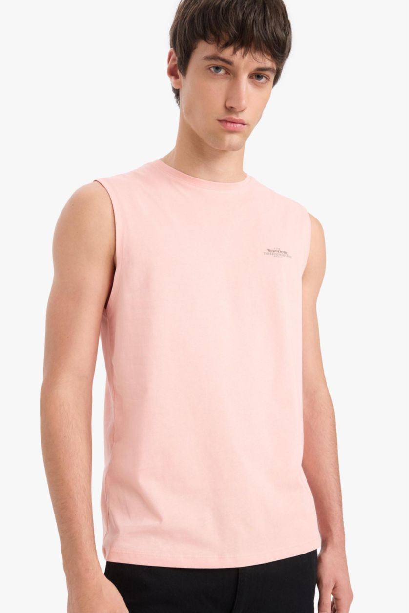 Men Light Rose Cotton Regular Fit Printed Crew Neck Tank Top
