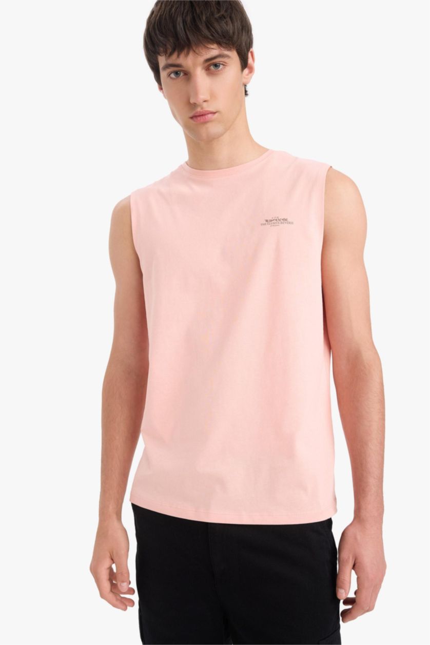 Men Light Rose Cotton Regular Fit Printed Crew Neck Tank Top