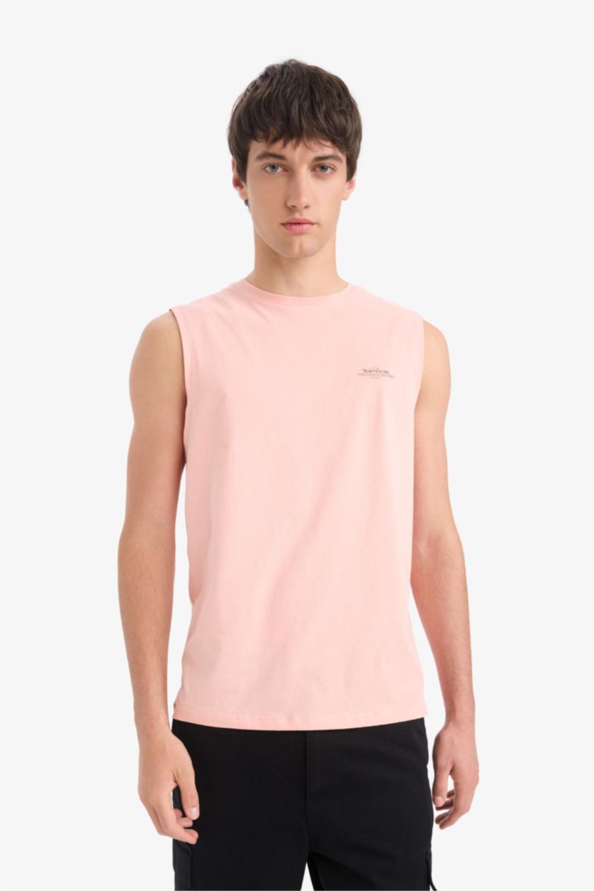 Men Light Rose Cotton Regular Fit Printed Crew Neck Tank Top