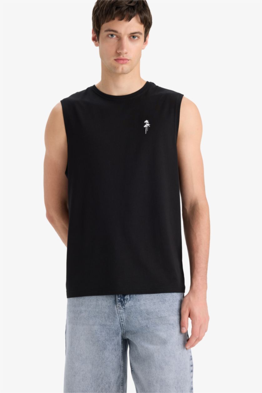 Erkek Siyah Regular Fıt Baskılı Bisiklet Yaka Atlet