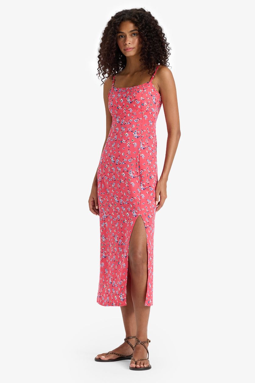 WOMAN Ecru Straight Fit Round Collar Floral Sleeveless Midi Dress