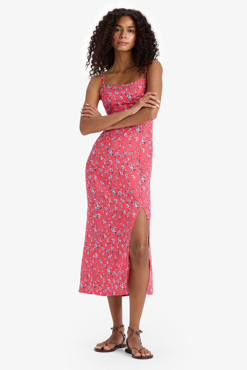 WOMAN Ecru Straight Fit Round Collar Floral Sleeveless Midi Dress