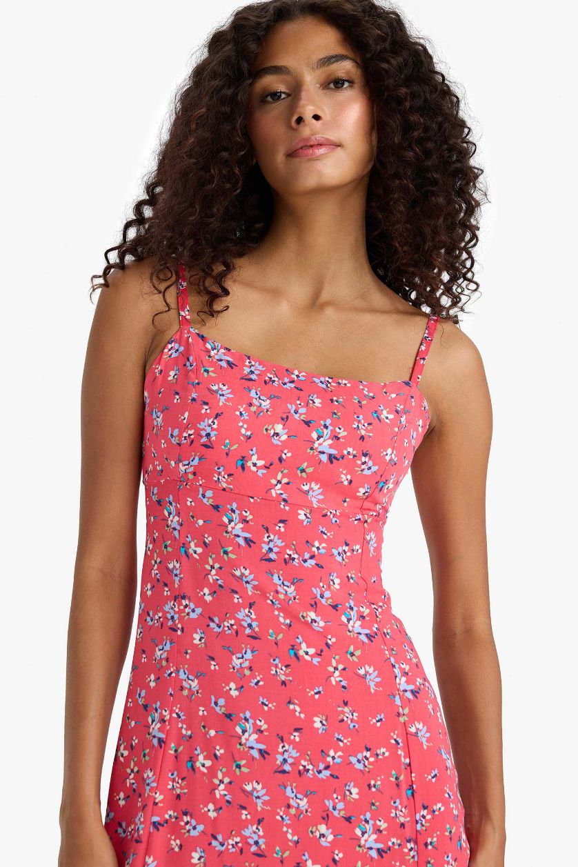 WOMAN Ecru Straight Fit Round Collar Floral Sleeveless Midi Dress