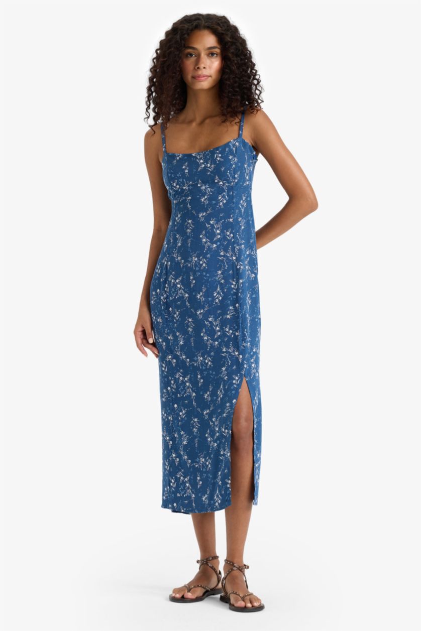 WOMAN NAVY Straight Fit Round Collar Floral Sleeveless Midi Dress