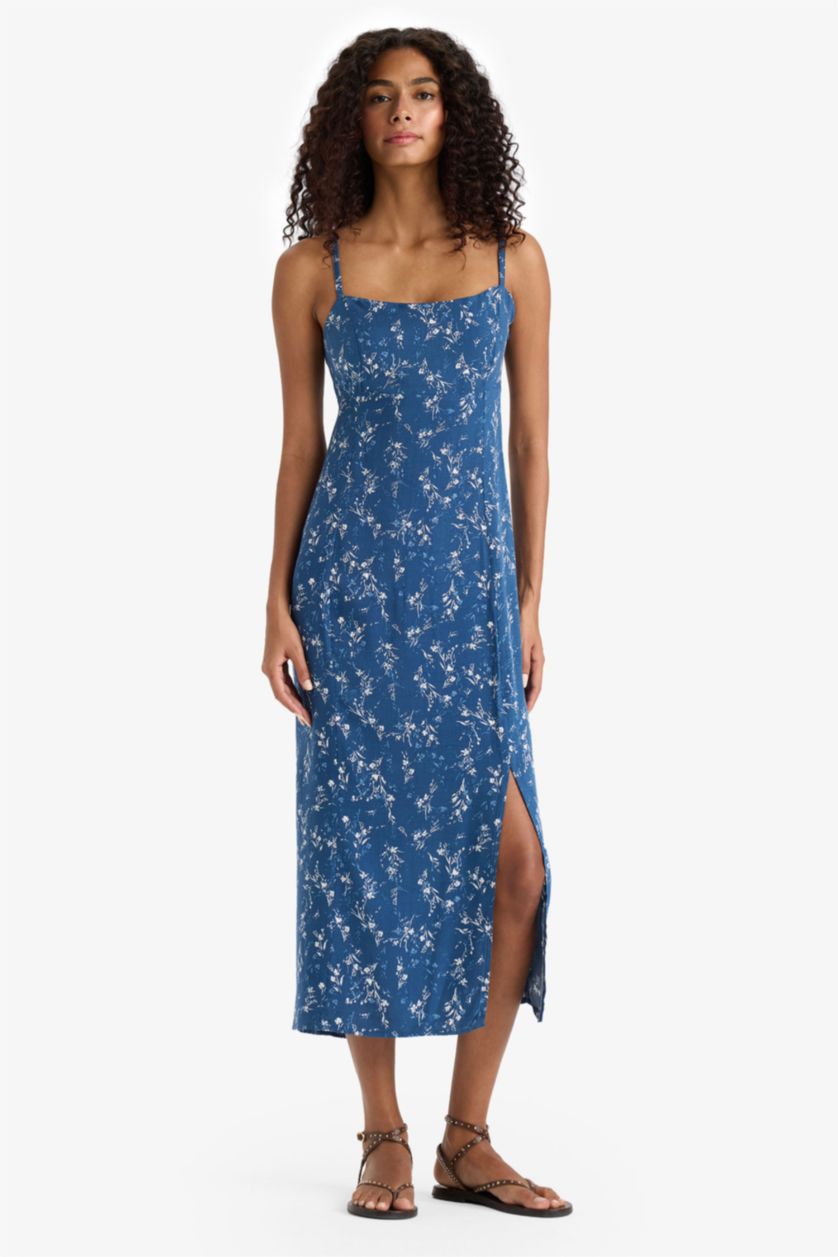 WOMAN NAVY Straight Fit Round Collar Floral Sleeveless Midi Dress