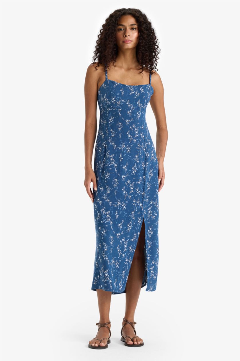WOMAN NAVY Straight Fit Round Collar Floral Sleeveless Midi Dress