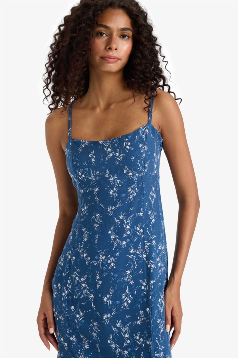 WOMAN NAVY Straight Fit Round Collar Floral Sleeveless Midi Dress