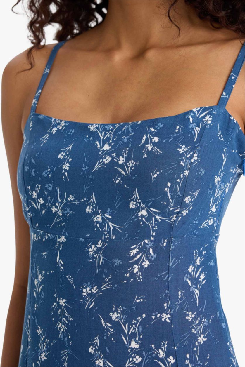 WOMAN NAVY Straight Fit Round Collar Floral Sleeveless Midi Dress