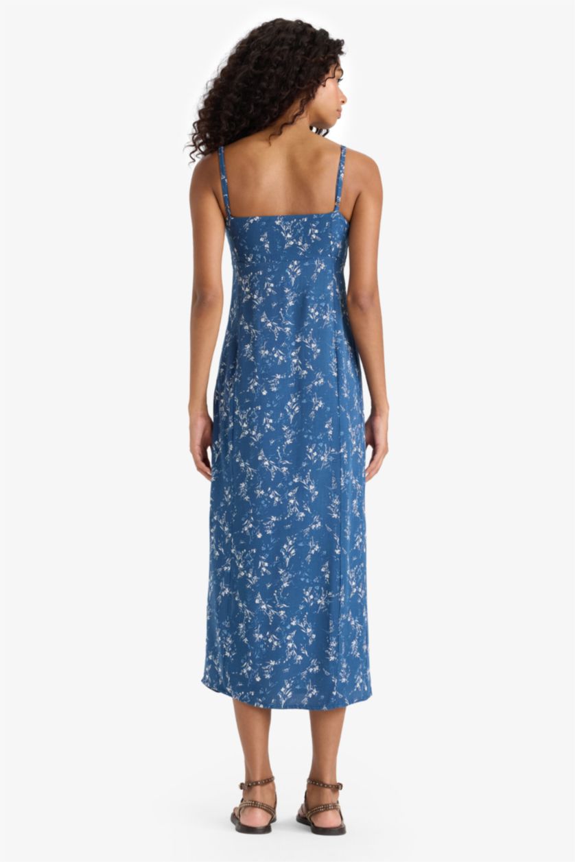 WOMAN NAVY Straight Fit Round Collar Floral Sleeveless Midi Dress