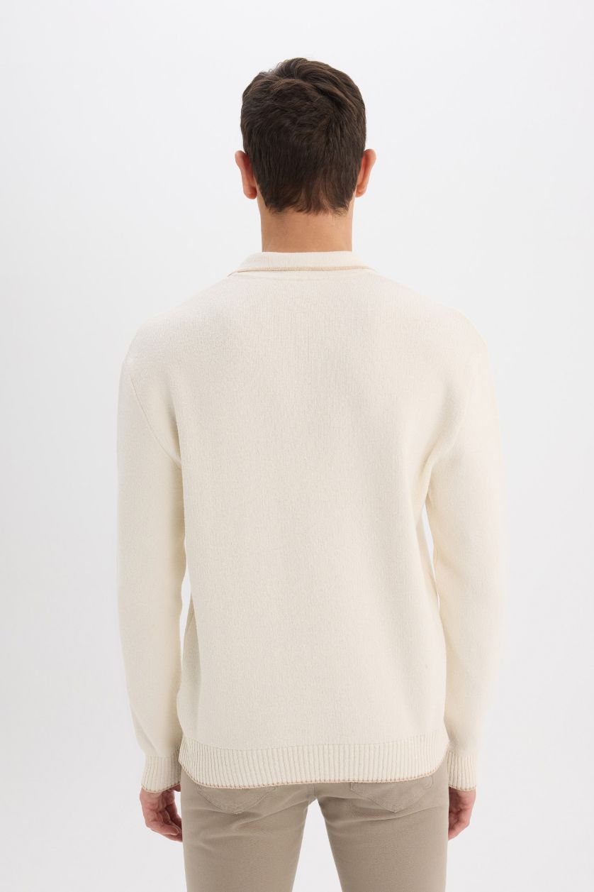 Erkek Ekru Standart Fit Polo Yaka Triko Kazak