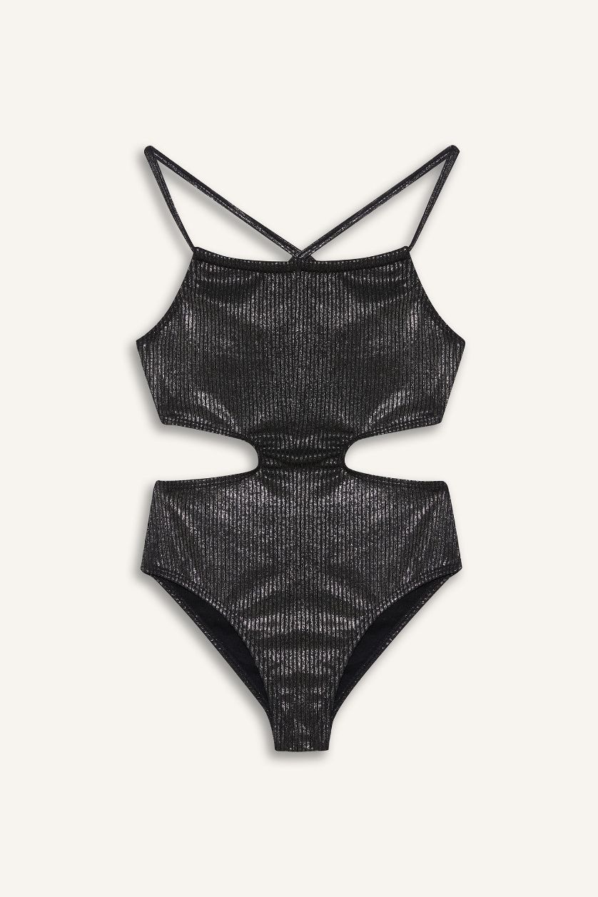 Kız Çocuk - Genç Kız Siyah Parlak Kumaş Mayo Kız Çocuk