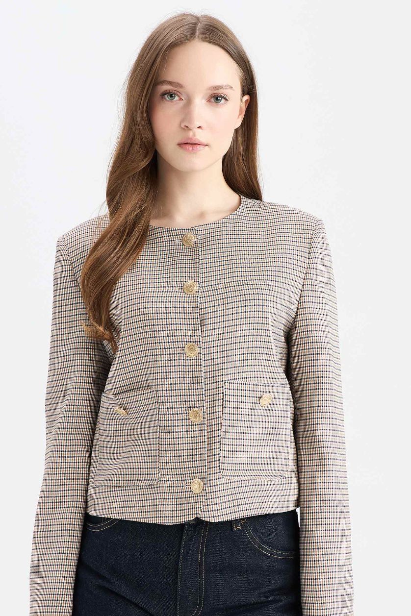 Kadın Kahve Bisiklet Yaka Kareli Blazer Ceket