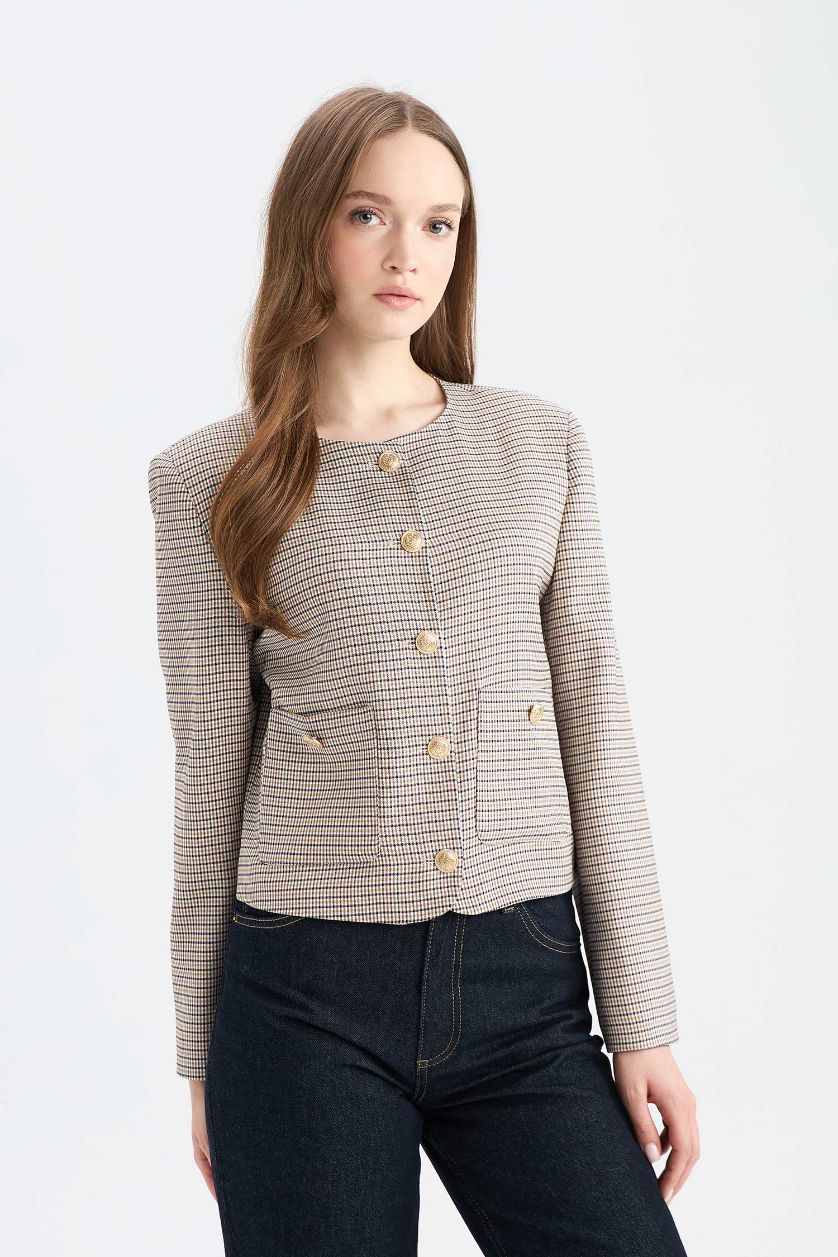 Kadın Kahve Bisiklet Yaka Kareli Blazer Ceket