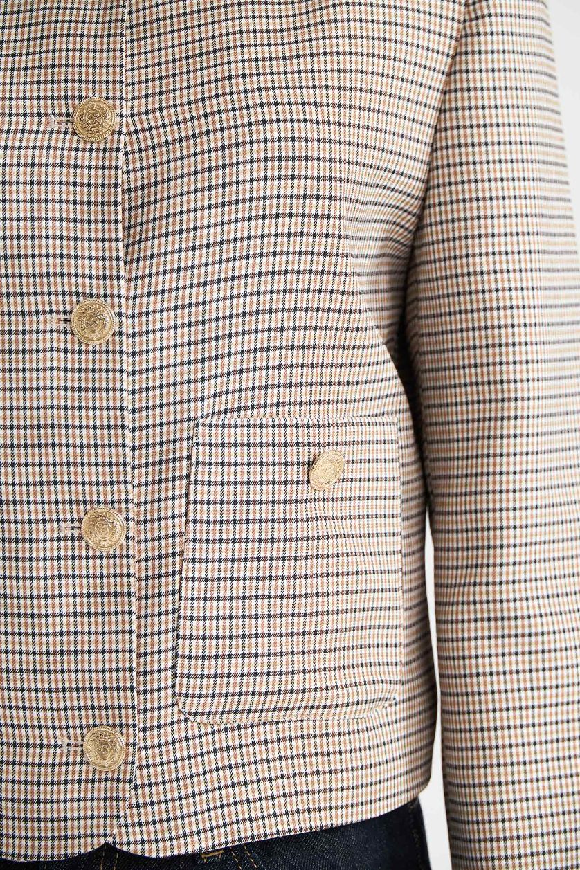 Kadın Kahve Bisiklet Yaka Kareli Blazer Ceket