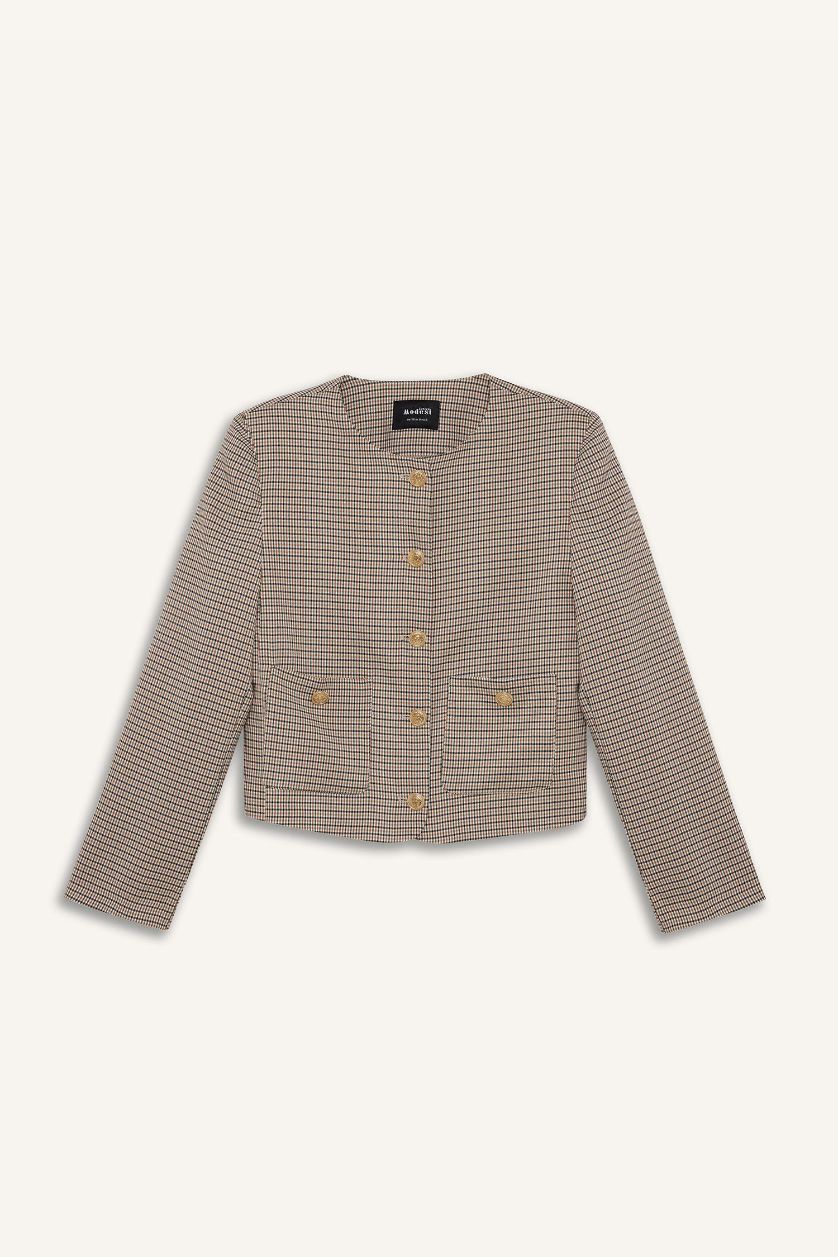 Kadın Kahve Bisiklet Yaka Kareli Blazer Ceket