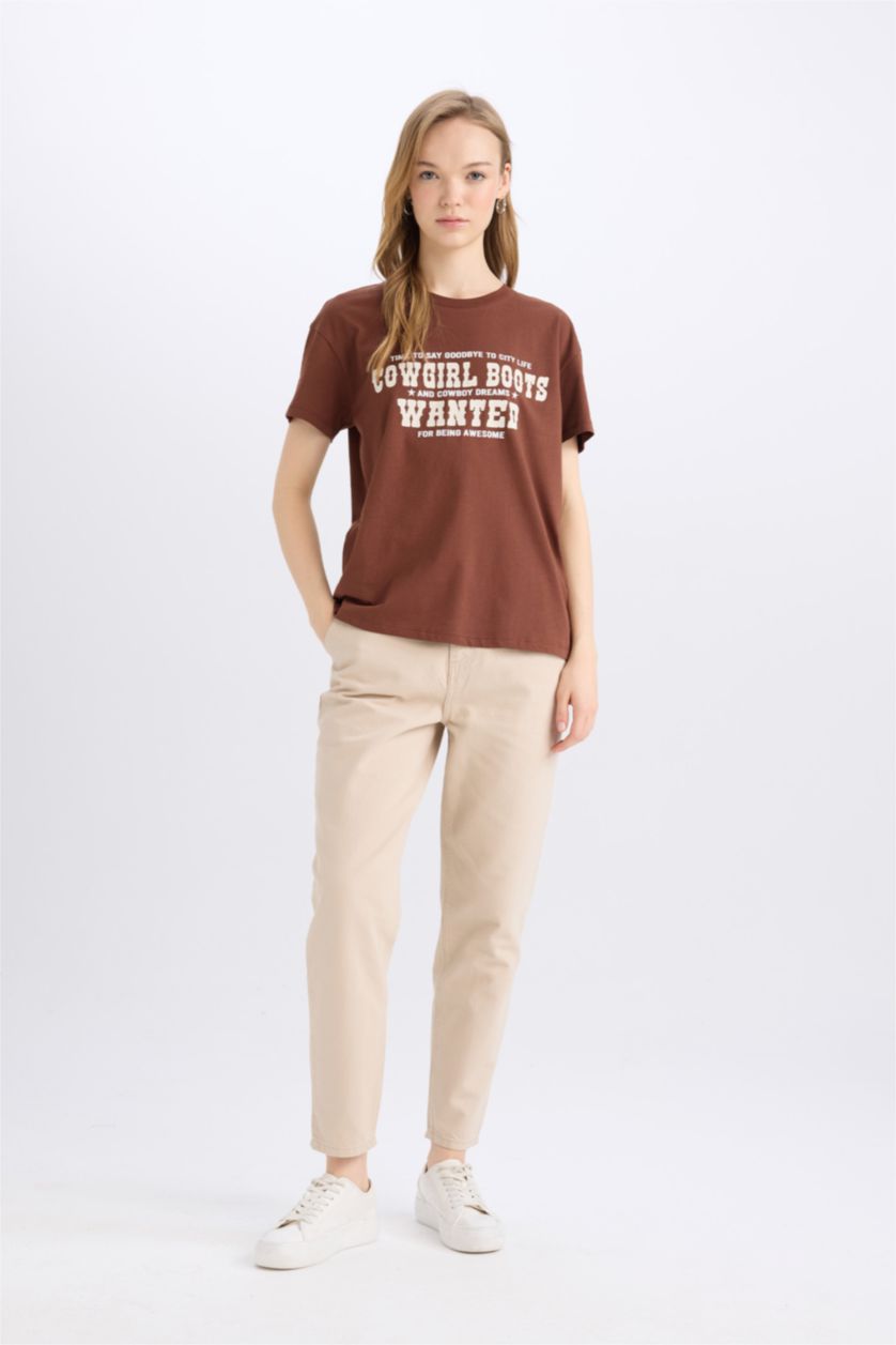 نساء بني تيشيرت مطبوع قصة عادية برقبة مستديرة