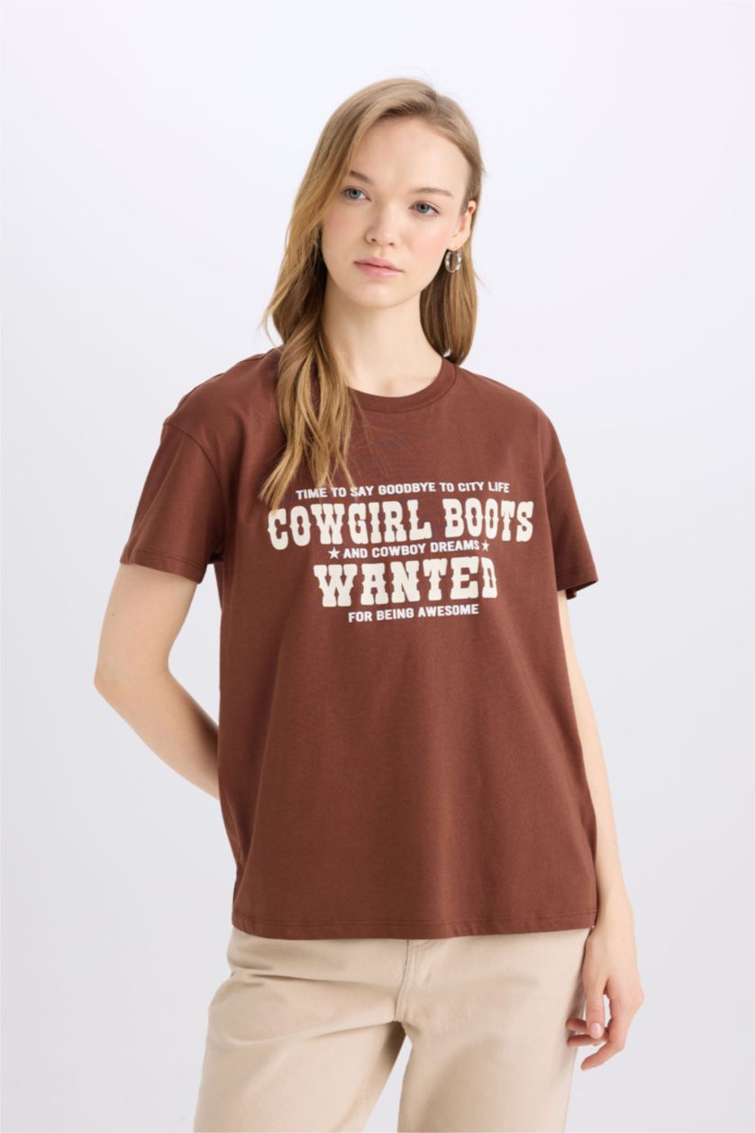 نساء بني تيشيرت مطبوع قصة عادية برقبة مستديرة