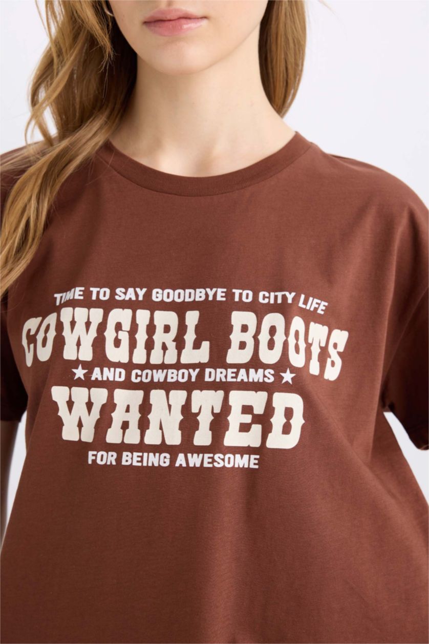 نساء بني تيشيرت مطبوع قصة عادية برقبة مستديرة