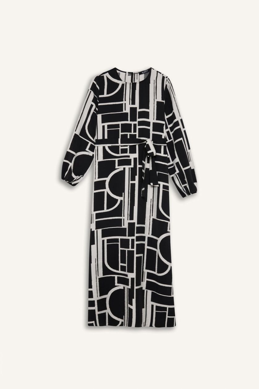 Kadın Siyah Regular Fit Bisiklet Yaka Desenli Kuşaklı Uzun Kollu Maxi Elbise