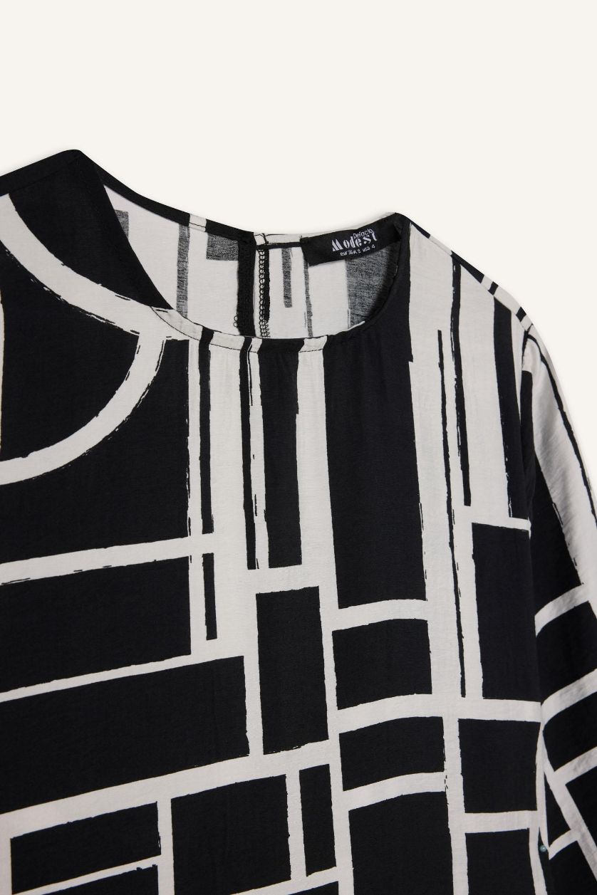 Kadın Siyah Regular Fit Bisiklet Yaka Desenli Kuşaklı Uzun Kollu Maxi Elbise