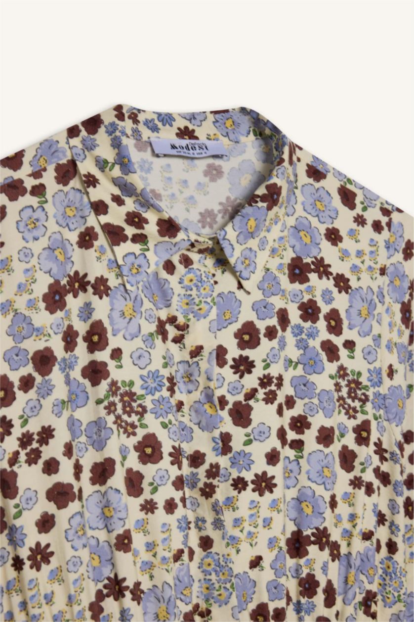 Kadın Ekru Gömlek Yaka Desenli Uzun Kollu Maxi Tesettür Elbise