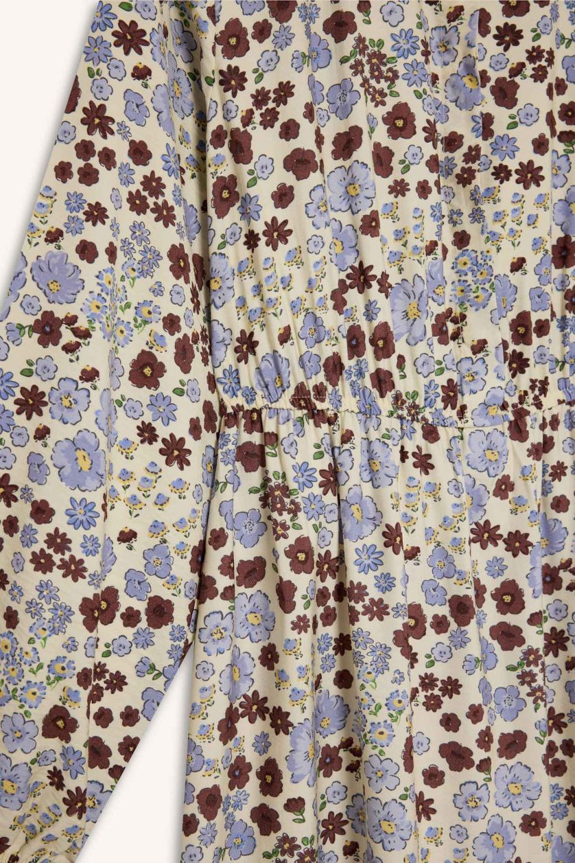 Kadın Ekru Gömlek Yaka Desenli Uzun Kollu Maxi Tesettür Elbise