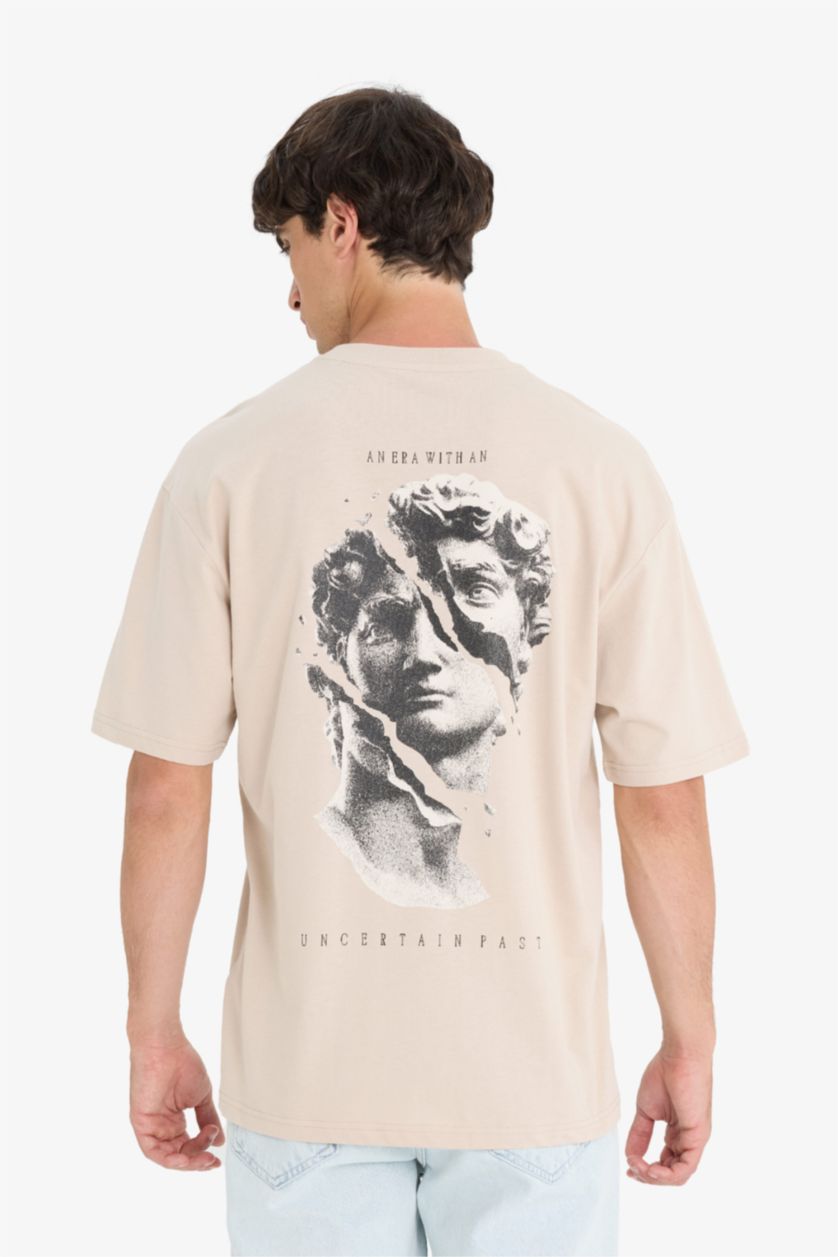 Erkek Kum %100 Pamuk Boxy Fit Bisiklet Yaka Sırt Baskılı Kısa Kollu Tişört