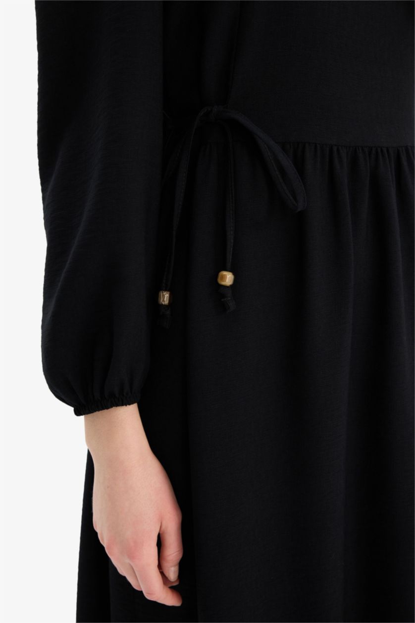 Kadın Siyah Regular Fit Bisiklet Yaka Basic Düz Aerobin Uzun Kollu Maxi Elbise