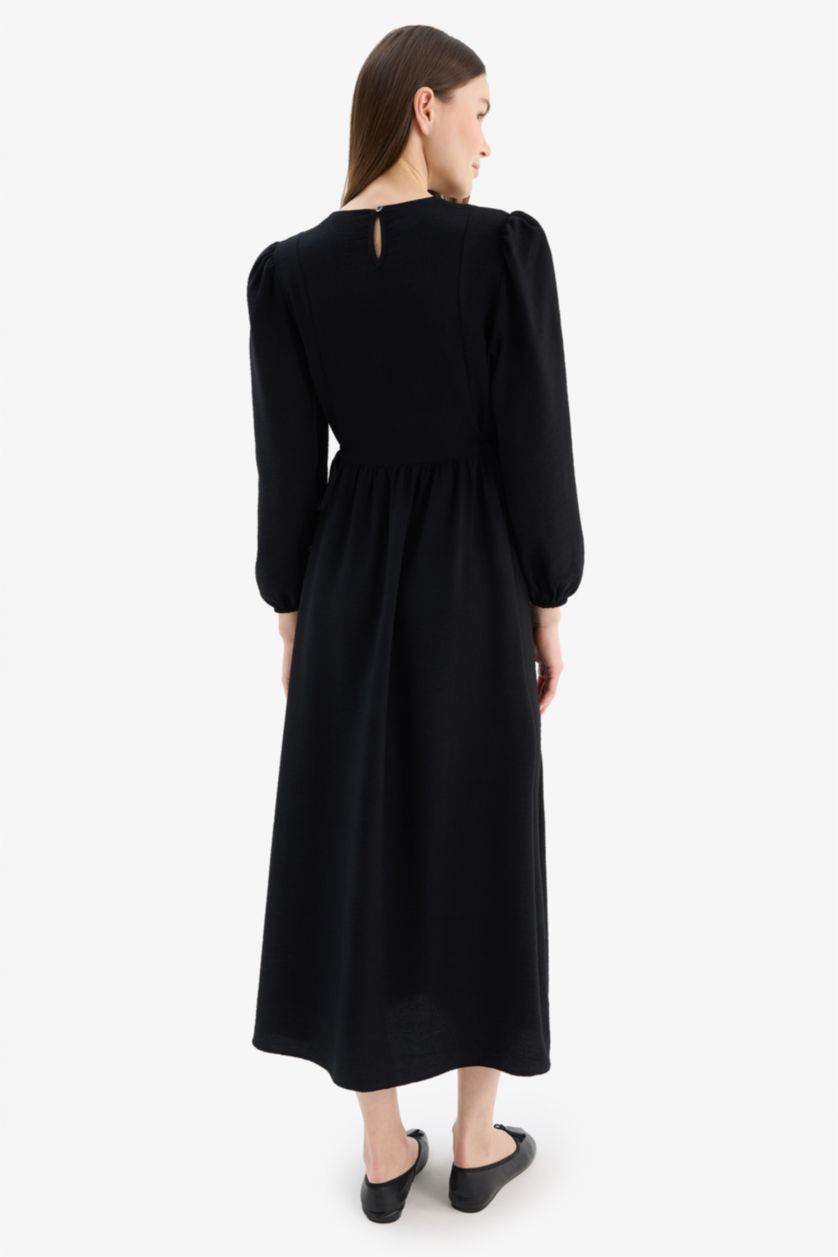 Kadın Siyah Regular Fit Bisiklet Yaka Basic Düz Aerobin Uzun Kollu Maxi Elbise