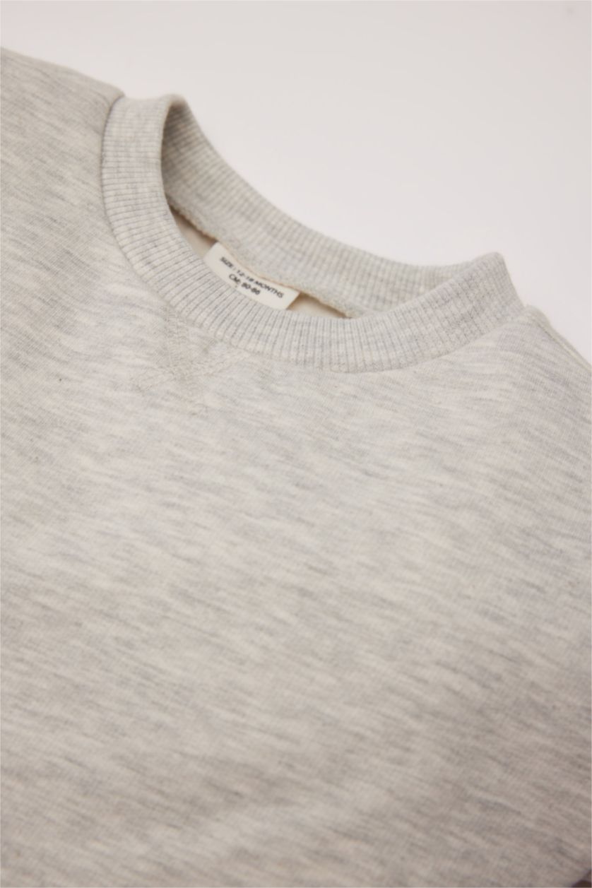 Erkek Bebek Açık Gri Erkek Bebek Bisiklet Yaka İçi Yumuşak Tüylü Basic Düz Sweatshirt