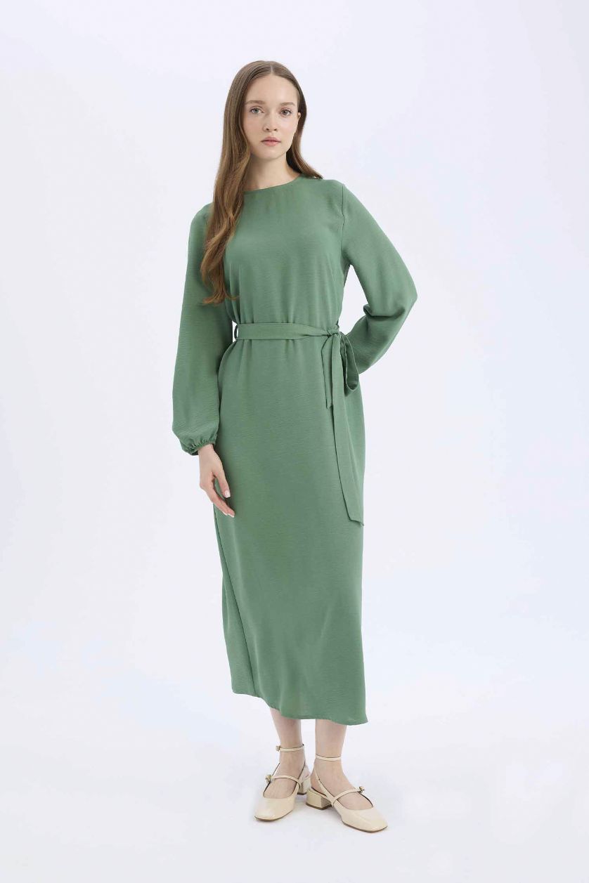 نساء أخضر فستان ميدي ايروبين قصة عادية بياخة مستديرة