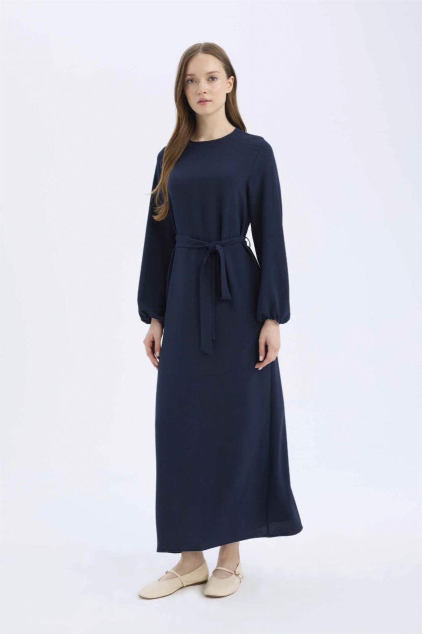 Woman NAVY Regular Fit Crew Neck Basic Belted Aerobin Long Sleeve Dress