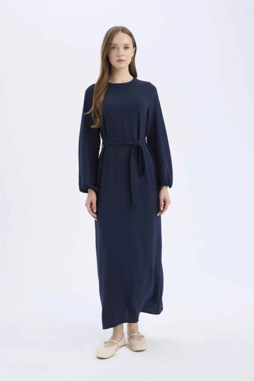 Woman NAVY Regular Fit Crew Neck Basic Belted Aerobin Long Sleeve Dress
