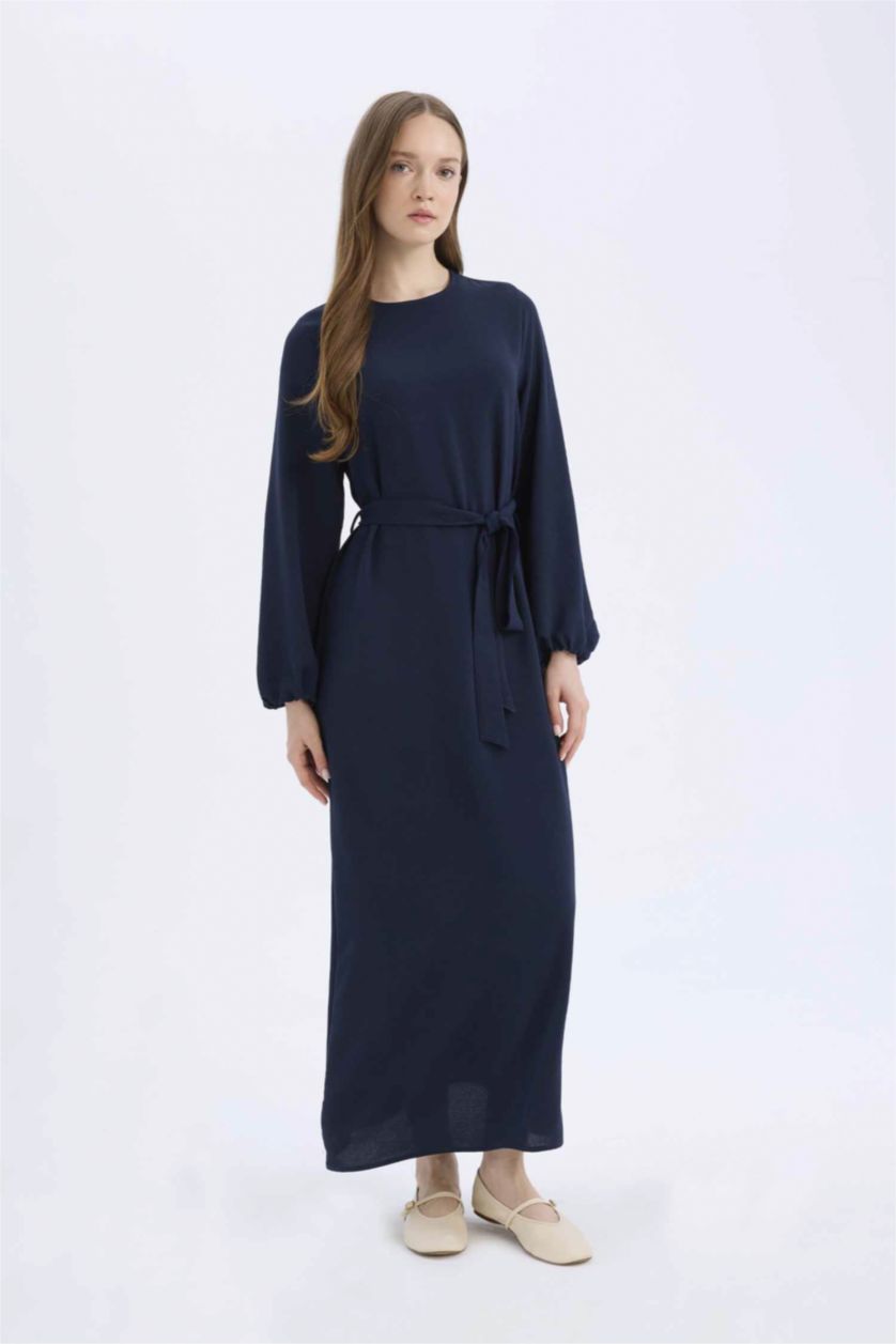 Woman NAVY Regular Fit Crew Neck Basic Belted Aerobin Long Sleeve Dress