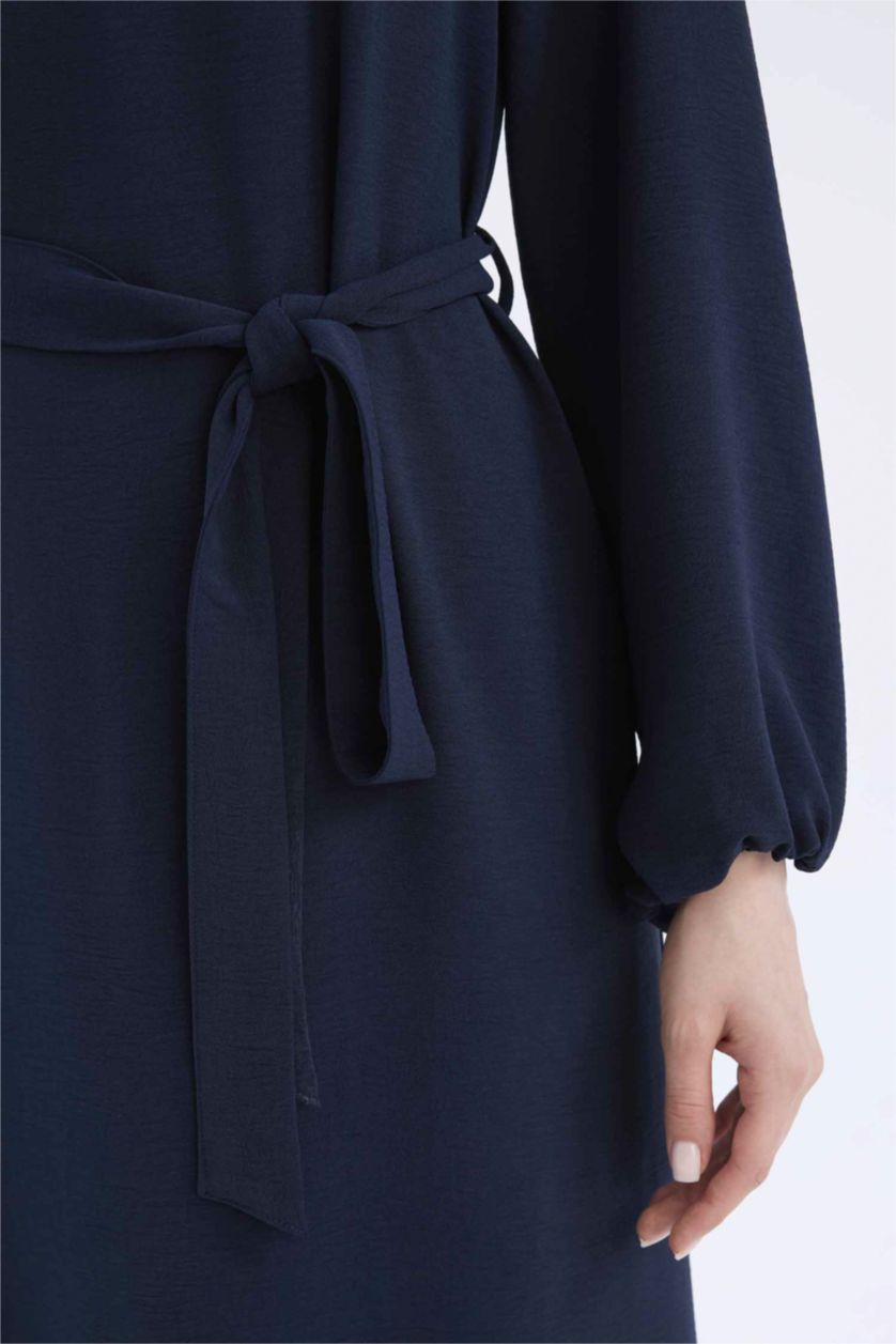 Woman NAVY Regular Fit Crew Neck Basic Belted Aerobin Long Sleeve Dress