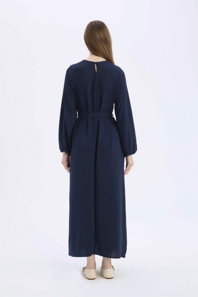 Woman NAVY Regular Fit Crew Neck Basic Belted Aerobin Long Sleeve Dress
