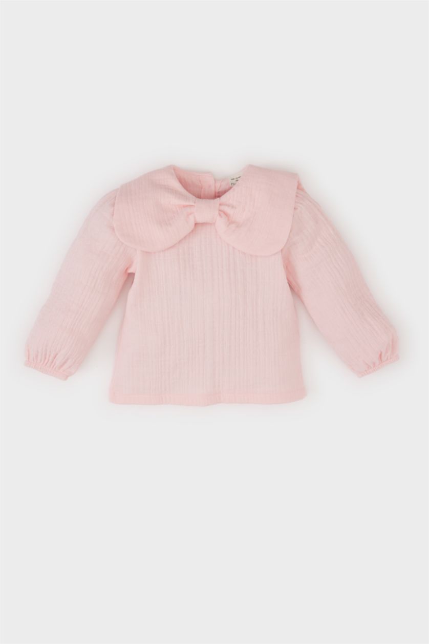 طفلة صغيرة زهري فاتح قميص بنات كم طويل من موسلين بقصة عادية