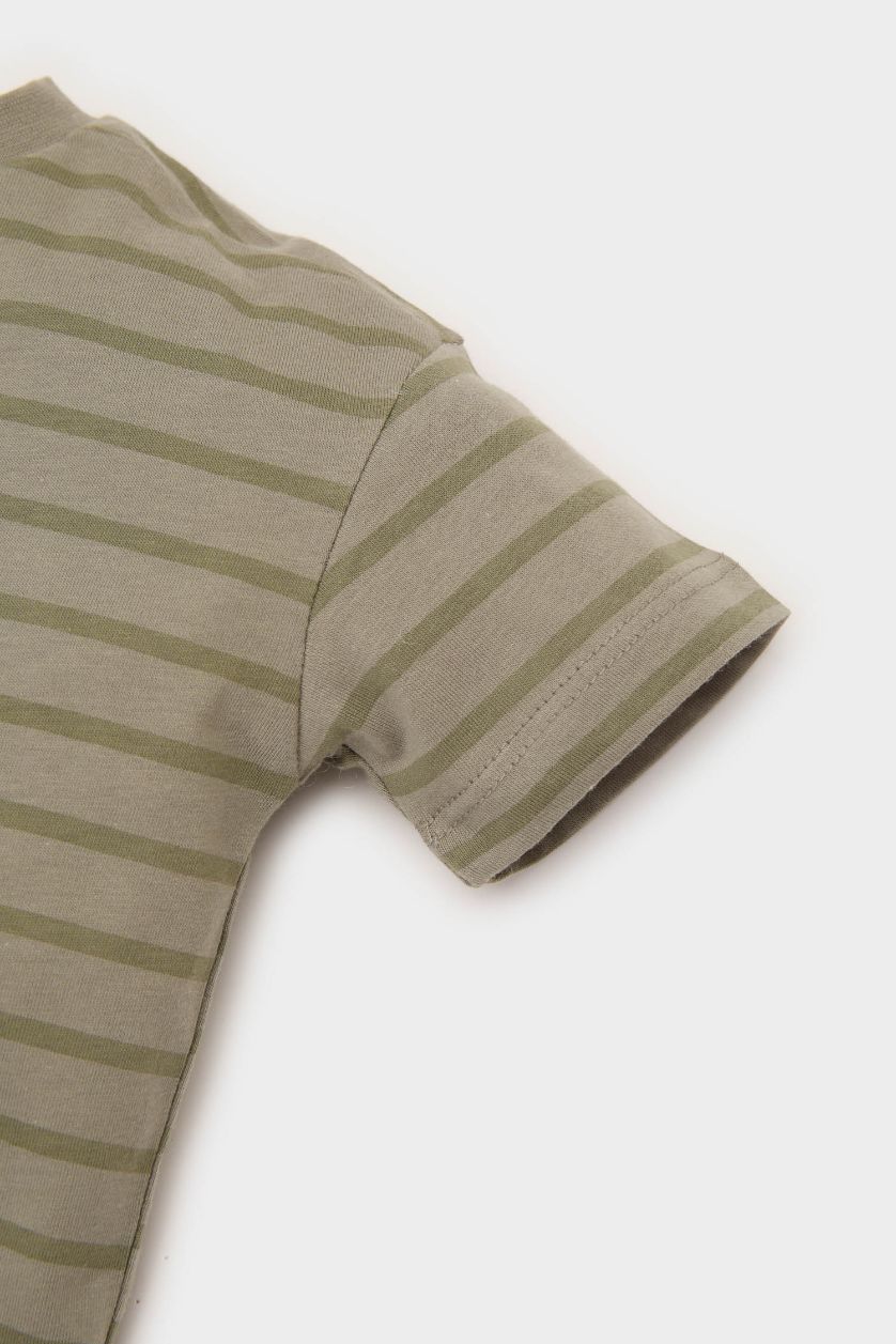 Erkek Bebek Açık Haki Bisiklet Yaka Çizgili Kısa Kollu Tişört Erkek Bebek