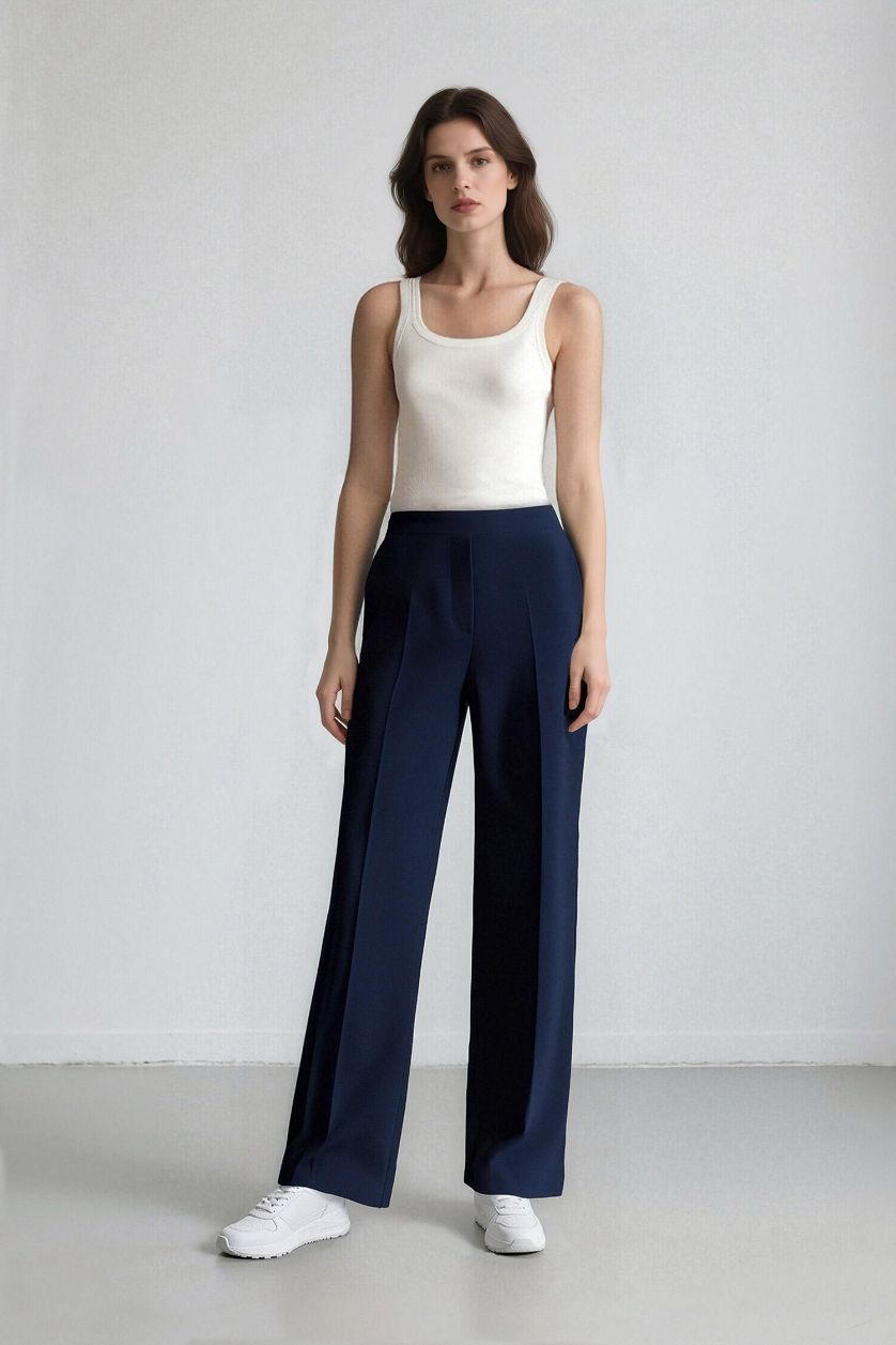 FEMME Marin Pantalon large taille haute à Coupe droite